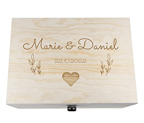 Holzkiste mit Deckel für die Hochzeit - personalisiert Natur Aufbewahrungskiste Erinnerungsbox & Geschenkkiste (36x26x18 cm, Hochzeit-5)