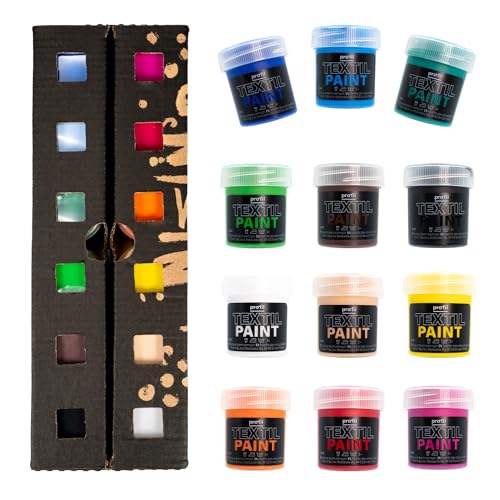 Profil Acrylfarben für dunkle Textilien - in Töpfchen - Set - Stoffmalfarben - Textilfarben für schwarzen Stoff - Jeans - T-shirts - Taschen - Schuhen - Farbtönen-Mix - Waschmaschinenfest - 12x25 ml