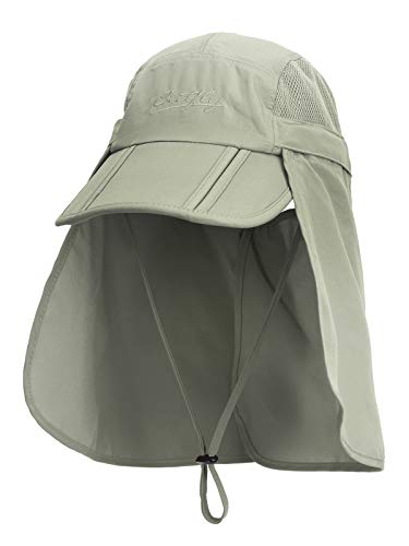Unisex Safari Cap mit extra langem Nackenschutz Anti UV Abklappbar Baseball Mütze für Camping Outdoor - Olive Grün