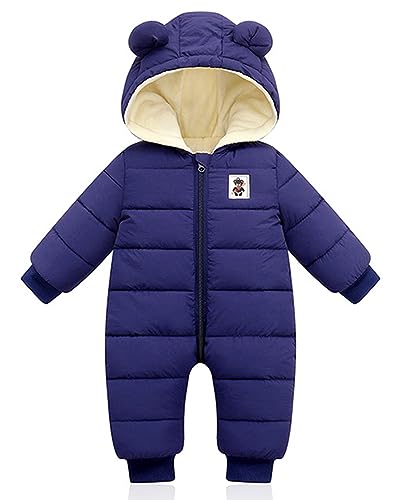 Minizone Baby Winter Overall mit Kapuze, Strampler Schneeanzug Jungen Mädchen Langarm Jumpsuit Warm Outfits Geschenk 9-12 Monate,Blau
