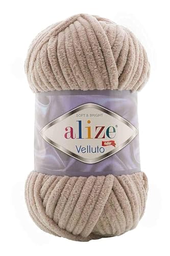 Alize 5 x 100 g Velluto Wolle 500 Gramm super Bulky Chenillegarn,Kuschelweich 100g, Kissen Babydecke etc (beige 530)