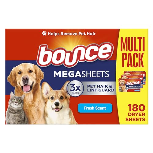 Bounce Pet Hair and Lint Guard Mega Dryer Sheets with 3X Pet Hair Fighters, Fresh Scent, 180 Count