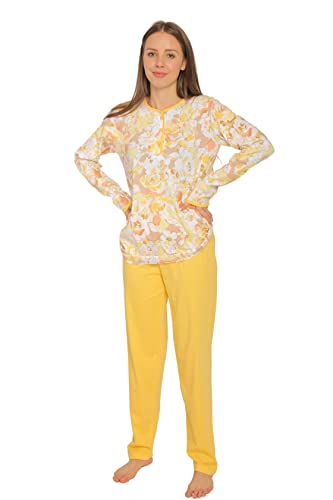Damen Pyjama Schlafanzug Langarm Baumwolle Knopfleiste DW503 (48/50, gelb)