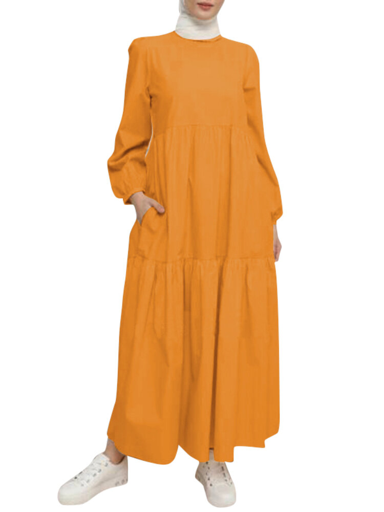 Damen Solider Rundhalsausschnitt Mehrlagige Rückenknöpfe Abaya Kaftan Kleid