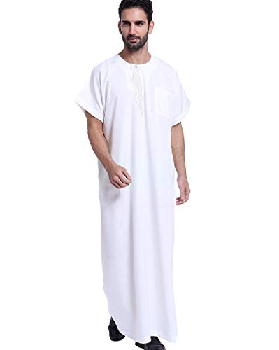 Muslim Herren islamisch Dubai Robe O-Ausschnitt Kurzarm Araber Thobe Saudi Stil Dishdasha Kaftan Mittlerer Osten Ethnisch Kandoura