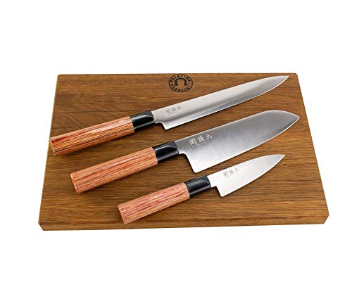 Kai Shun Seki Magoroku Redwood Messer Set | 3 scharfe japanische Messer | + EIN großes massives Schneidebrett aus Eiche, 35x22 cm | VK: 259,- €