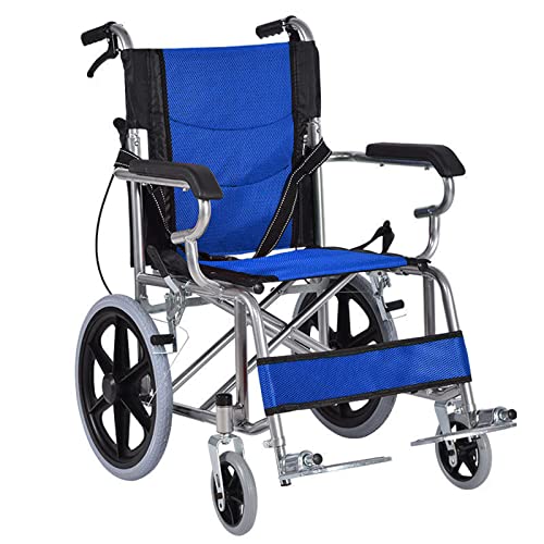 Faltbar Leicht Rollstuhl mit Trommelbremse, Schmaler Rollstuhl für Wohnung, Reiserollstuhl für Behinderte und Senioren, Klappbare Rückenlehne, Leichtgewicht,Blau