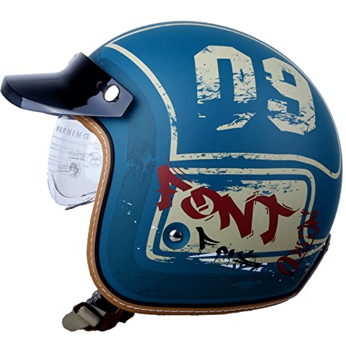 Motorcycle Helmet, Jet Helmet, Vintage Scooter Helmet, Retro Chopper Helmet with Sun Visor, Moped Helmet, ECE 22-06 Certification (55-60CM)