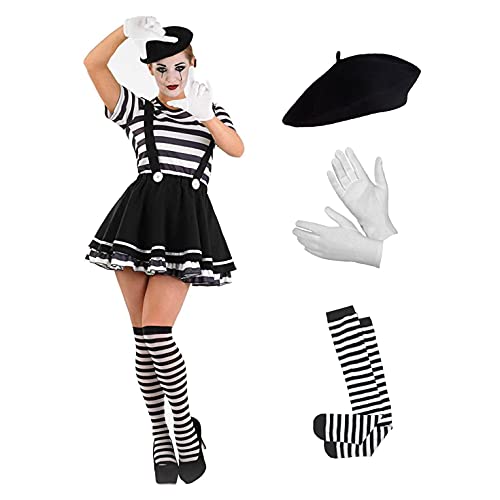 Fun Shack Schwarzes Pantomimen Kostüm für Damen, französisches Maler Outfit, schwarz weiß gestreift - L