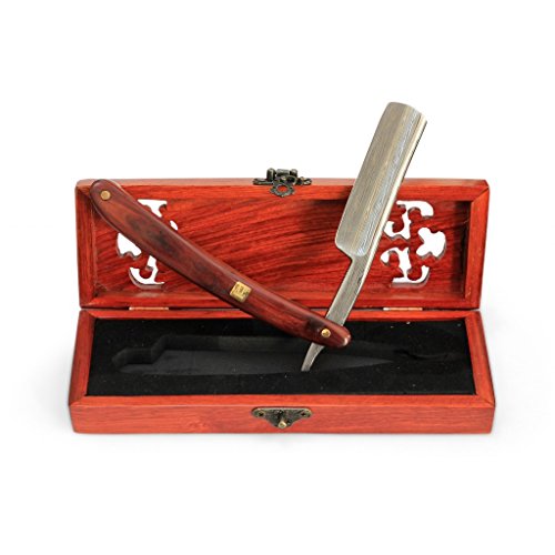 A.P. Donovan - Luxus 7/8" Rasiermesser - Klinge mit Damast-Muster (gehärtet + nicht-rostfrei), Griff aus Mahagoni-Holz - mit Holzschatulle
