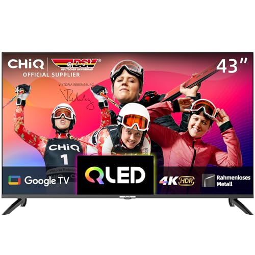 CHIQ U43QM8G 43-Zoll Smart-TV-Gerät, QLED UHD mit HDR, rahmenloses Metall-Design, Google TV, Dolby Audio, Dreifach-Tuner, 2,4G/5G WLAN, Google Assistant, HDMI 2.1, USB2.0, Modell 2023 Schwarz