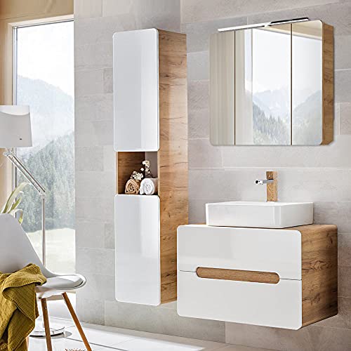 Lomadox Badezimmermöbel Badmöbel Waschplatz Set, Hochglanz weiß mit Eiche, Keramik Aufsatz Waschbecken mit Waschtischunterschrank, LED-Spiegelschrank, Hochschrank