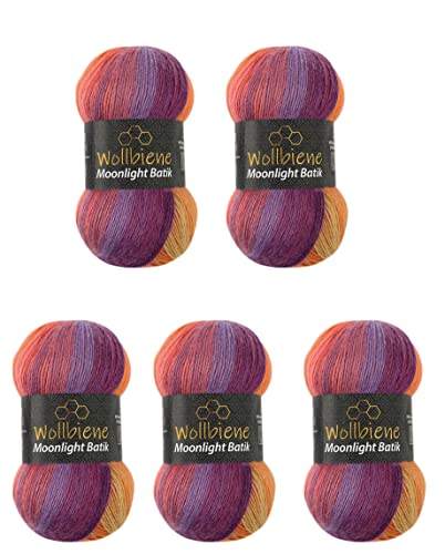 Wollbiene Moonlight Batik 5 x 100g Strickwolle 500 Gramm Wolle zum Stricken und Häkeln 20% Wolle türkische Wolle Farbverlaufswolle Strickwolle (5600 lila beere orange)