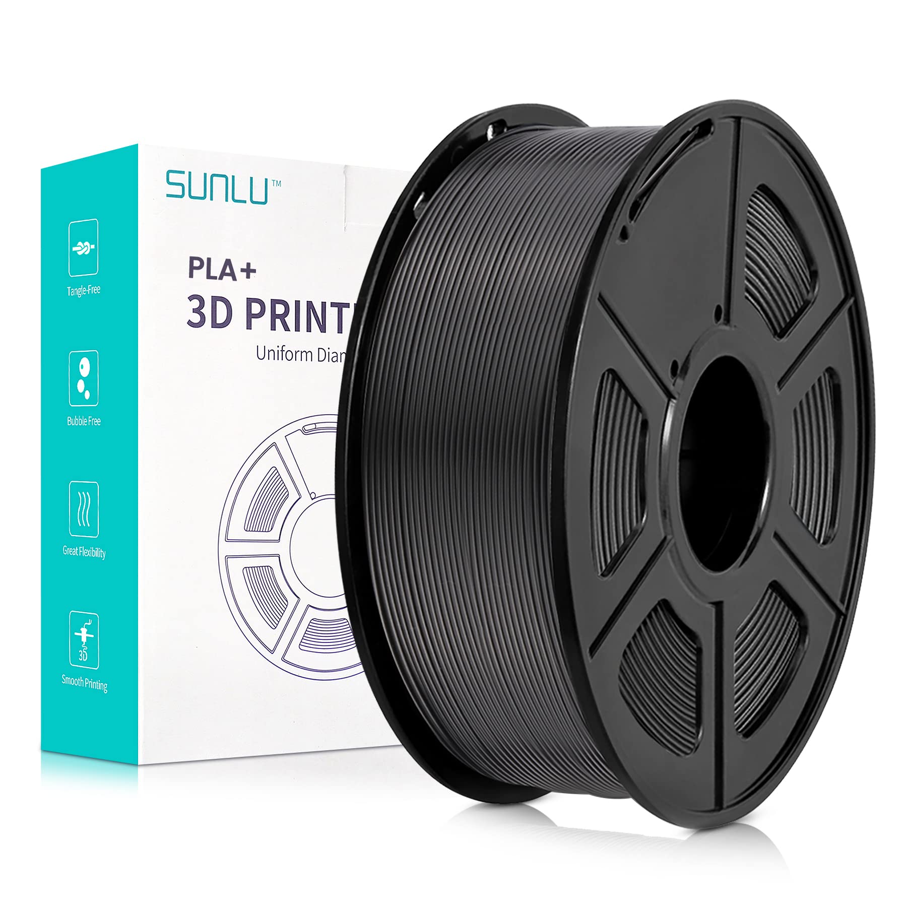SUNLU PLA+ Filament 1.75mm, Neatly Wound 3D Drucker Filament PLA Plus, Stark PLA+ Filament 1.75 1kg, Gute Haftung für 3D Druck, Maßgenauigkeit +/- 0.02 mm, 1KG (2.2lbs), Schwarz