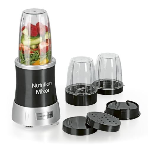 GOURMETmaxx Nutrition Mixer Deluxe 10-teiliges Set für Smoothies & Co. | 22.000 Umdrehungen für extra vitaminreiche Smoothies aus Obst & Gemüse | Inklusive 3 Bechern, To-Go Deckel, Rezepten und mehr
