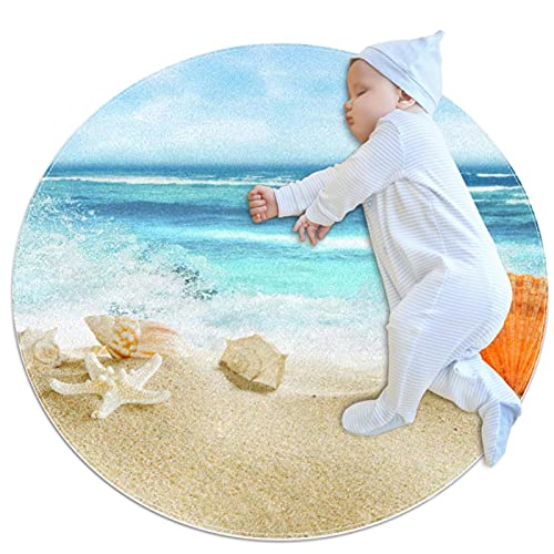 Dekorativer Teppich für Kinder Tropischer Strand Netter weicher runder Teppich, geeignet für Kinderzimmer, Spielzimmer, Kinderzimmer 80x80cm