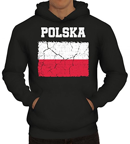 ShirtStreet Poland Polen Fußball WM Fanfest Gruppen Herren Hoodie Männer Kapuzenpullover Wappen Polska, Größe: XXL,Schwarz