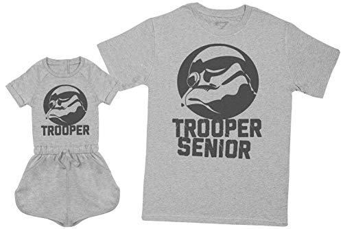 Zarlivia Clothing Trooper Junior & Trooper Senior - Matching Father Baby Gift Set - Mens T Shirt & Baby Girl Playsuit - Grey - XX-Large & 6-12 Months