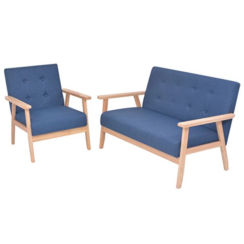 Tidyard Sofa Kombination 2-TLG, Stoffsofa Set 2-TLG. Inkl 1 x Sessel und 1 x 2-Sitzer-Sofa, Holzrahmen Stoff Blau