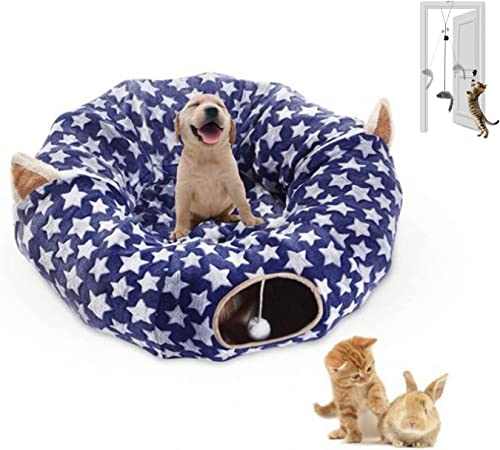 Flauschige Faltbares Katzen-Tunnelbett für alle Jahreszeiten mit zentraler Matte und selbstspielender Hängetür, Katzen-Maus-Spielzeug, große Röhre, Spielplatz-Spielzeug Waschbar