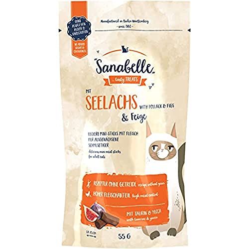 Sanabelle Snack Seelachs und Feige | Leckere Mini-Fleischsticks für ausgewachsene Katzen | 20 x 55 g