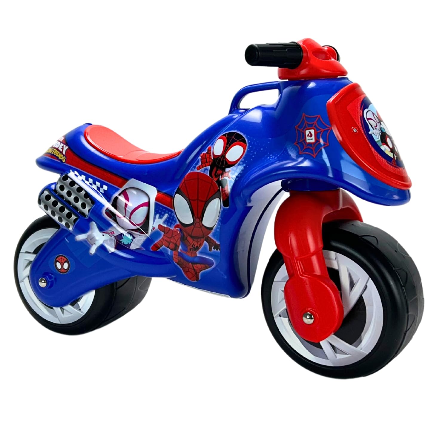 INJUSA - Moto Laufrad Neox Spiderman, Ride on für Kinder von 18 bis 36 Monaten, mit breite Kunststoffräder, Tragegriff für die Eltern, dauerhafte und wasserfeste Dekoration, Blaue Farbe