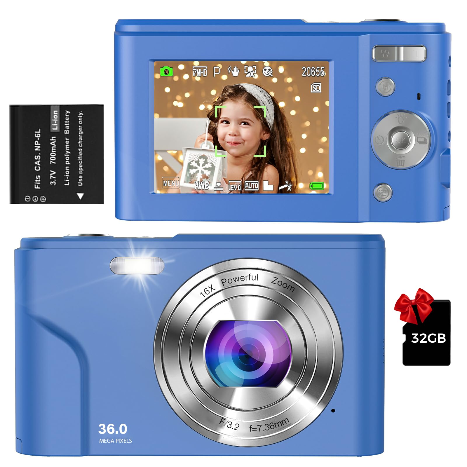 Digitalkamera, 1080P Full HD Kompaktkamera, 36 MP Vlogging-Kamera mit 16-fachem Digitalzoom, 6,1 cm LCD-Mini-Kamera für Studenten, Kinder, Anfänger (blau)