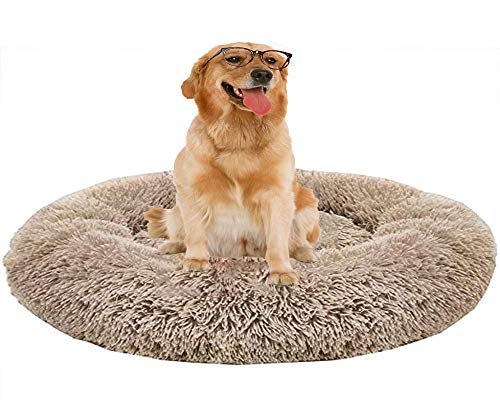 HANHAN Beruhigendes Donut-Hundebett, mittel/extra groß, XL, Anti-Angstzustände, orthopädisches Plüschkissen, Jumbo, flauschig, rund, warmes Sofa für Labrador, Schlaf, braun