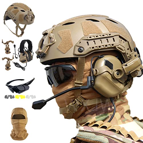 WLXW Fast SF Taktisches Helmset Mit Vollem Schutz, Mit Airsoft-Headset, DREI Gläsern, Schutzbrille Und Taktischer Maske, Für Paintball Wargame Military Set,Tan