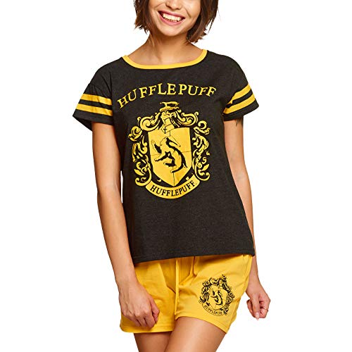 Elbenwald Harry Potter Pyjama Hogwarts Häuserwappen Hufflepuff Frontprint 2teilig für Damen kurz gelb - XS