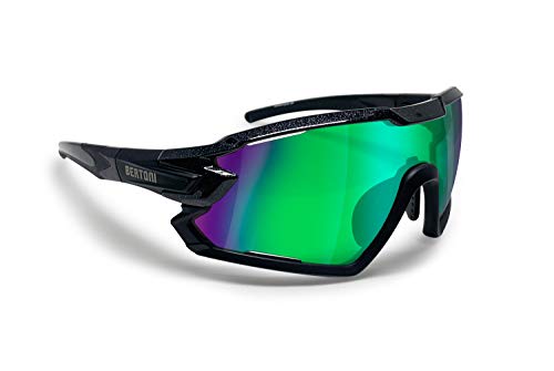 BERTONI Fahrradbrille Sport Sonnenbrille Radbrille MTB mit Sehstärke für Brillenträger mod. Quasar (Schwartz/Grün Verspiegelt)