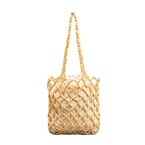 BHUJIA Handgefertigte gewebte Holzperlen-Tasche für Damen, zarte Handtasche, Umhängetasche, Damenmodell, beige, 25*6*58