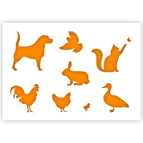 QBIX Nutztiere, Hund, Katze, Vogel, Hase, Ente, Hühnchen Schablone Größe A5 wiederverwendbare DIY Schablone zum Malen, Backen, Basteln, Wand, Möbel