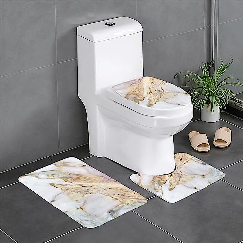 ROOZEE Marmor Flanell rutschfeste Badteppiche Sets 3 Stück - Dekoratives Badematten-Set, Badezimmerteppich + U-förmige Kontur Toilettenvorleger + O-Form Toilettensitzbezug