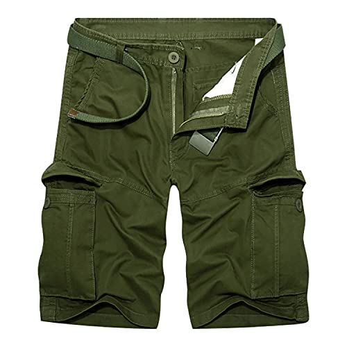 RMane Herren Cargo Shorts Baumwolle Lose Fit Kurz Hose Sommer Viele Tasche (Ohne Gürtel) (Armee grün, W31)