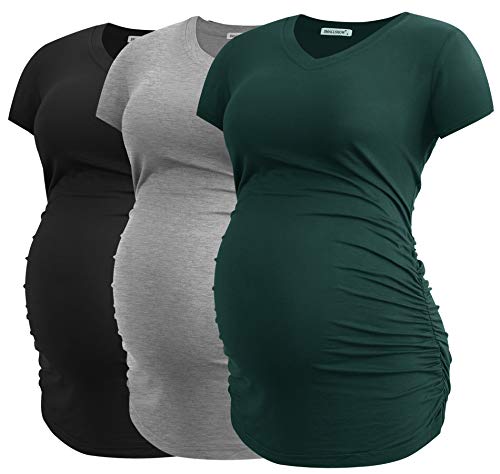 Smallshow Damen Umstandstop V Hals Schwangerschaft Seite Geraffte Umstandskleidung Tops T Shirt 3 Pack,Black-Deep Green-Light Grey,L