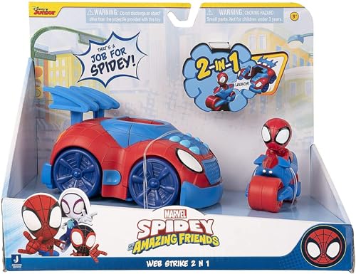 Spidey and his Amazing Friends und Seine Super-Freunde SNF0019 Web Strike 2 in 1 Fahrzeug, 15cm großes Spider-Man Fahrzeug mit Motorrad, Spielzeug ab 3 Jahren, Bunt