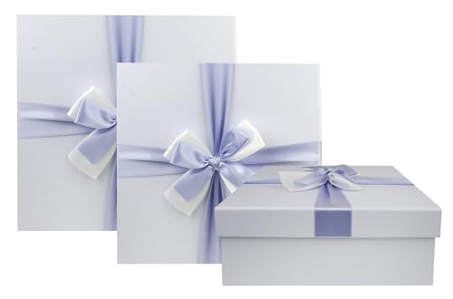 Emartbuy Geschenkbox, 3 Stück, starr, quadratisch, Babyblau, mit Deckel, innen braun und Satinband