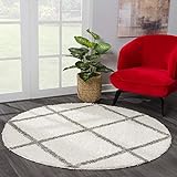 SANAT Madrid Shaggy Teppich Rund - Hochflor Teppiche für Wohnzimmer, Schlafzimmer, Küche - Creme, Größe: 200 cm