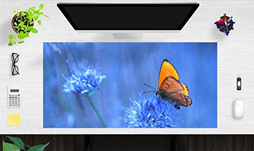 Schreibtischunterlage XXL mit integriertem Mousepad – “Orangener Schmetterling“ – aus strapazierfähigem Vinyl (Kunststoff) – 100 x 50 – Rutschfeste Schreibunterlage für besten Schutz – Made in Germany