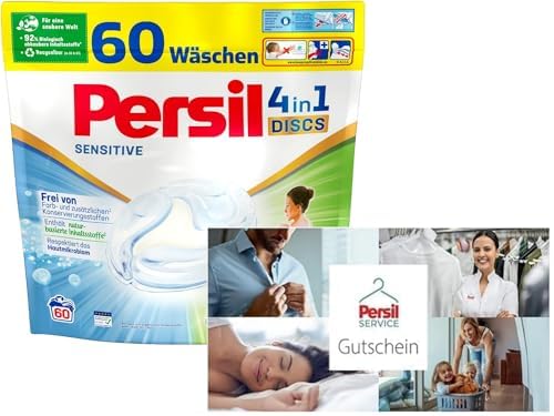 10 € Persil Service Gutschein - Textilreinigung via Paketversand & Persil Sensitive 4in1 DISCS Vollwaschmittel (60 Waschladungen), Waschmittel für Allergiker & Babys