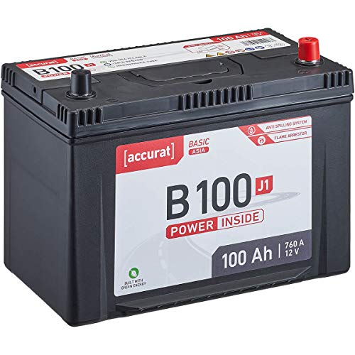 Accurat Basic Asia B100 Autobatterie - 12V, 100Ah, 760A, zyklenfest, wartungsfrei, 30% mehr Startleistung, Ca-Technologie, Pluspol rechts - Starterbatterie, Nassbatterie, Blei-Säure Batterie