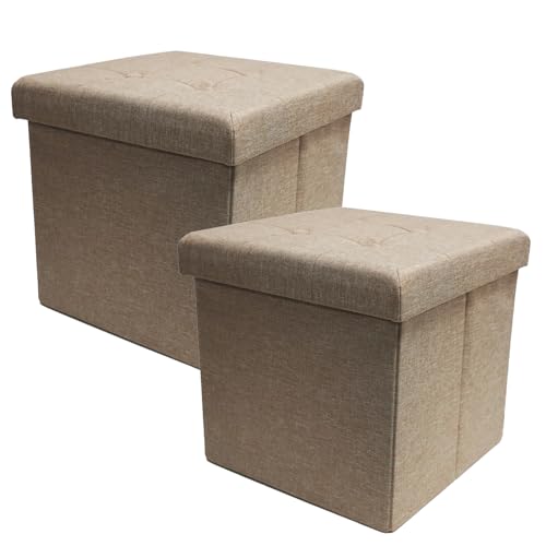 Style home 2er Set Sitzhocker Sitzbank mit Stauraum, Faltbare Sitztruhe Fußbank Aufbewahrungsbox Polsterhocker, Leinen, 38 * 38 * 38 cm (Warm Grey)