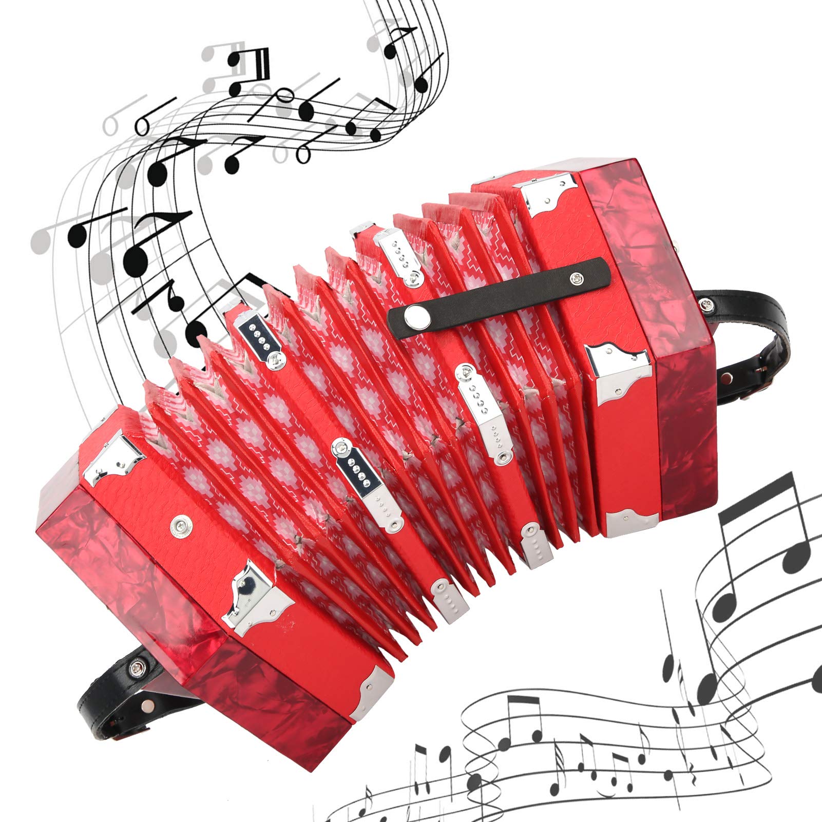 Concertina Akkordeon, verstellbare Handschlaufe Rot Massivholz Professionelle Akkordeon Concertina für Erwachsene für Anfänger und Studenten für Instrumentenbedarf(red)