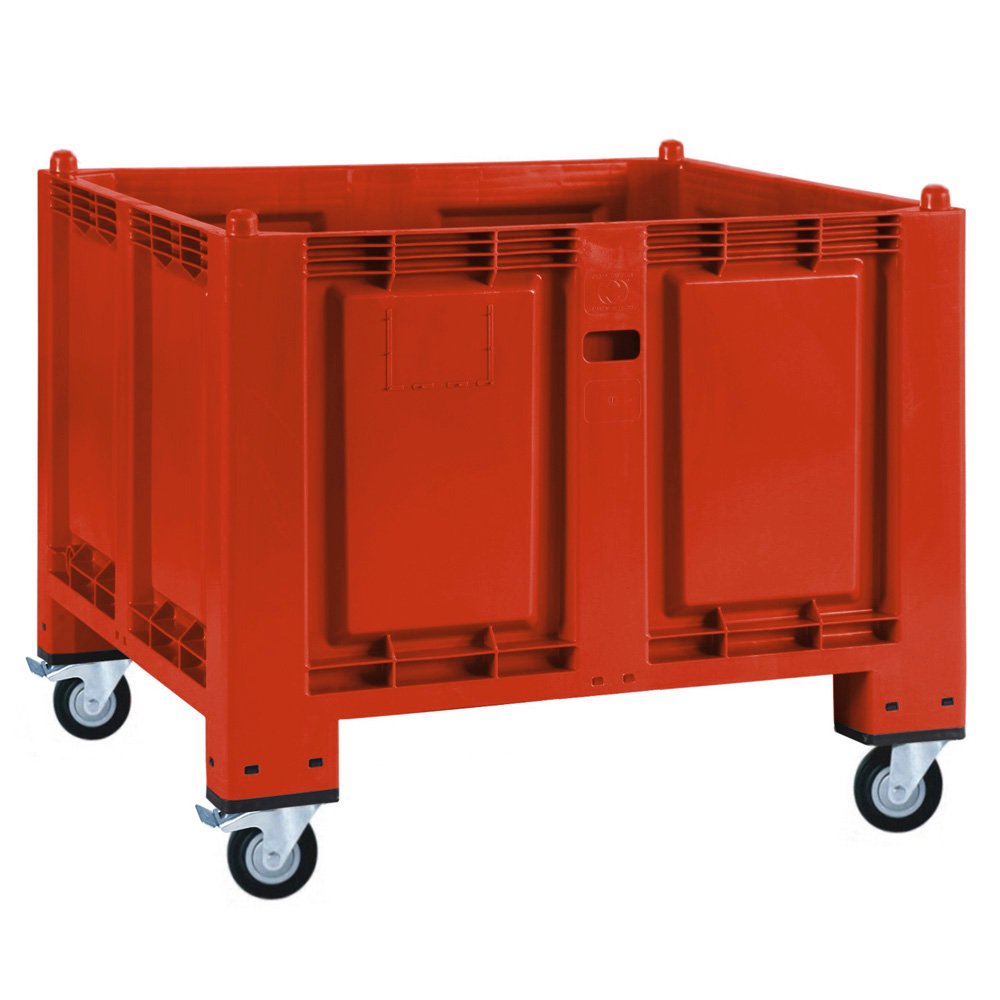 Palettenbox mit 4 Lenkrollen / 2 Rollen mit Feststellbremse, LxBxH 1200x800x1000 mm, rot