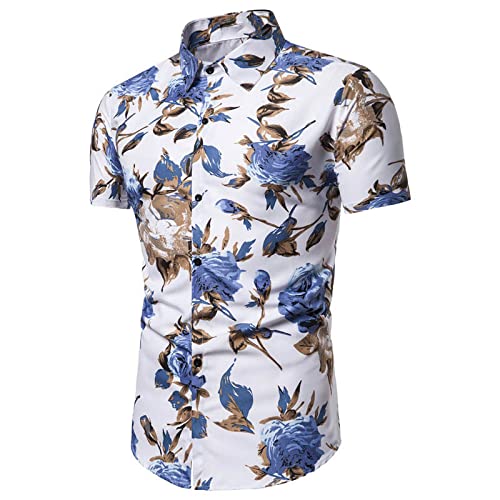 SHOUJIQQ Herren-Hawaii Hemd Aloha-Shirts-Sommer Mode Rose Blumen Druck Lässiges Strand-Kurzarm-Hemd Mit Knöpfen Für Urlaub Outdoor-Kleidung, Blau, Mittel