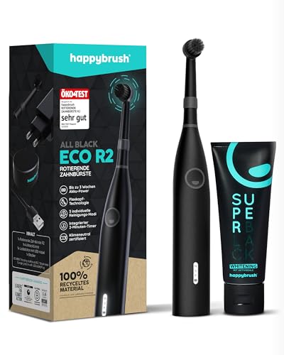 happybrush® Elektrische Zahnbürste Eco R2 - Nachhaltige rotierende Zahnbürste mit Power-Akku inkl. 3 Aufsteckbürsten und Zahnpasta - AllBlack