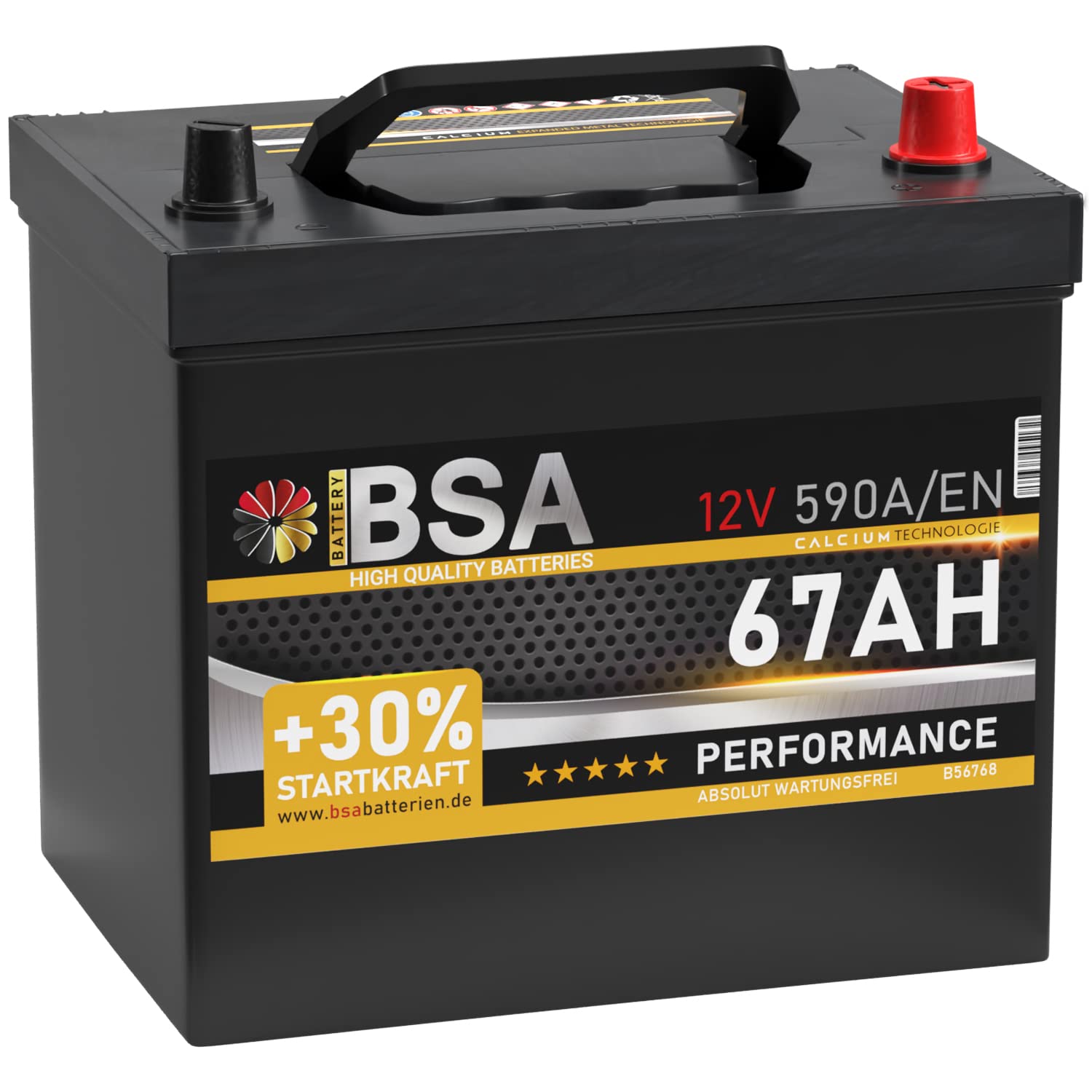 BSA ASIA Autobatterie 67Ah 12V 590A/EN ASIA Batterie Plus-Pol Rechts 30% mehr Startleistung ersetzt 60Ah 65Ah