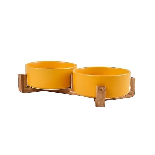 Futternäpfe für Hunde und Katzen, aus Keramik, mit Halterungen aus Bambus, erhöhte Schüsseln aus Keramik mit Holzhaltern (doppelte 13,5 cm, gelb)