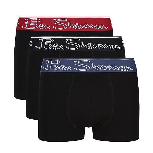 Herren Ben Sherman Boxershorts in Schwarz | Trunks aus weicher Baumwolle mit kontrastierendem elastischem Bund | Bequeme und atmungsaktive Unterwäsche - Dreierpack